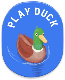 An oval seal containing the words Play Duck and below it, a cartoon-style pencil drawing of a mallard duck on a blue background