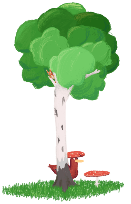 A birch tree on a green patch of grass. There's a squirrel in the tree, and a toadstool growing next to the tree. Half-concealed by the tree sits a duck wearing a toadstool hat in an attempt to hide from the players.